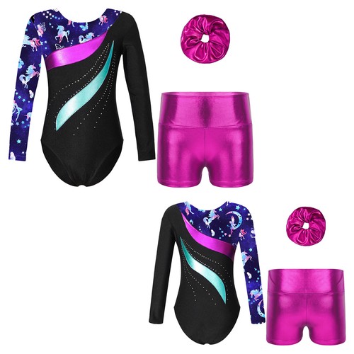 Girls Outfits High Waist Dance Set Long Sleeve Dancewear Skating Headwear Kids - Picture 12 of 58