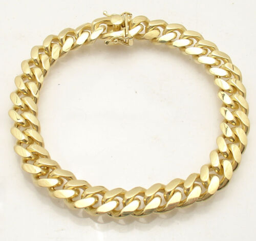  Solid Italian Miami Cuban Bracelet Double Lock 14K Yellow Gold Plated Silver - Picture 1 of 6