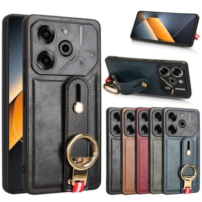 For Tecno Pova 6 Pro 5G, Shockproof Wristband PU Leather Stand Ring Cover Case