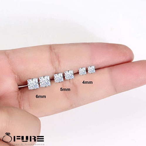 Men Women Kids Square White 925 Sterling Silver Diamond Cut Stud Earrings 3-8MM
