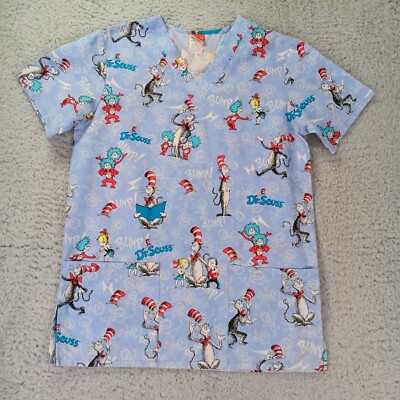Dr Seuss Scrub Top Womens XS Blue The Cat & The Hat V-Neck Medical 6700V