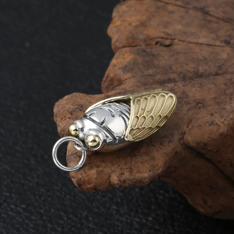 S925 Sterling Silver CICADA Pendant Two-Tone Gold Brass Wings Insect Nature Art - Image 2 of 4