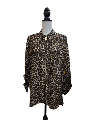 Michael Kors Blouse Womens Large Dark Leopard Print Chest Pockets Zip Up