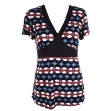 AB Studio Womens Top Small V-Neck Geometric Patterned With Short Sleeves