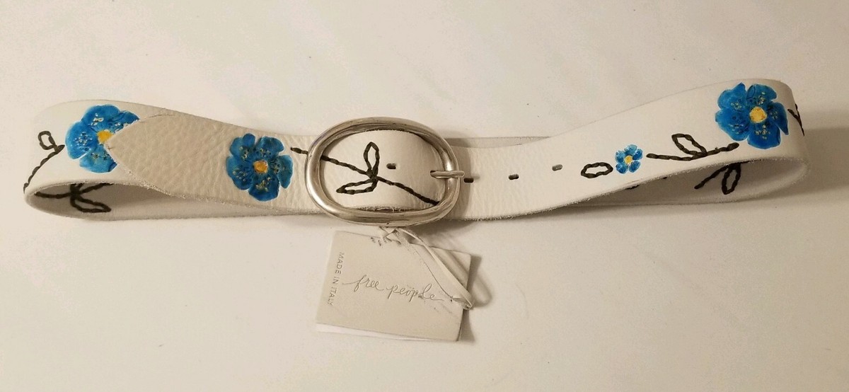 Free People Antoinette Painted Leather Belt Blue Flower 