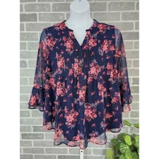 Charter Club Floral Blouse Women's 1X Flowy Sheer Sleeve Tunic Lightweight