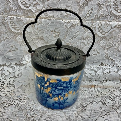 Antique, Victoria Ironstone Floral Flow Blue Biscuit Jar - Picture 5 of 8