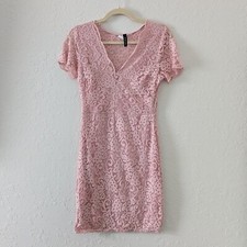 Women's Bodycon Mini Dress Lace Pink V Neck Short Sleeve Medium Floral Pattern