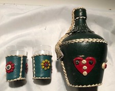 Old Green Leather Covered Mini Bottle & two Drinking Cups - 13cm High x 8cm Dia