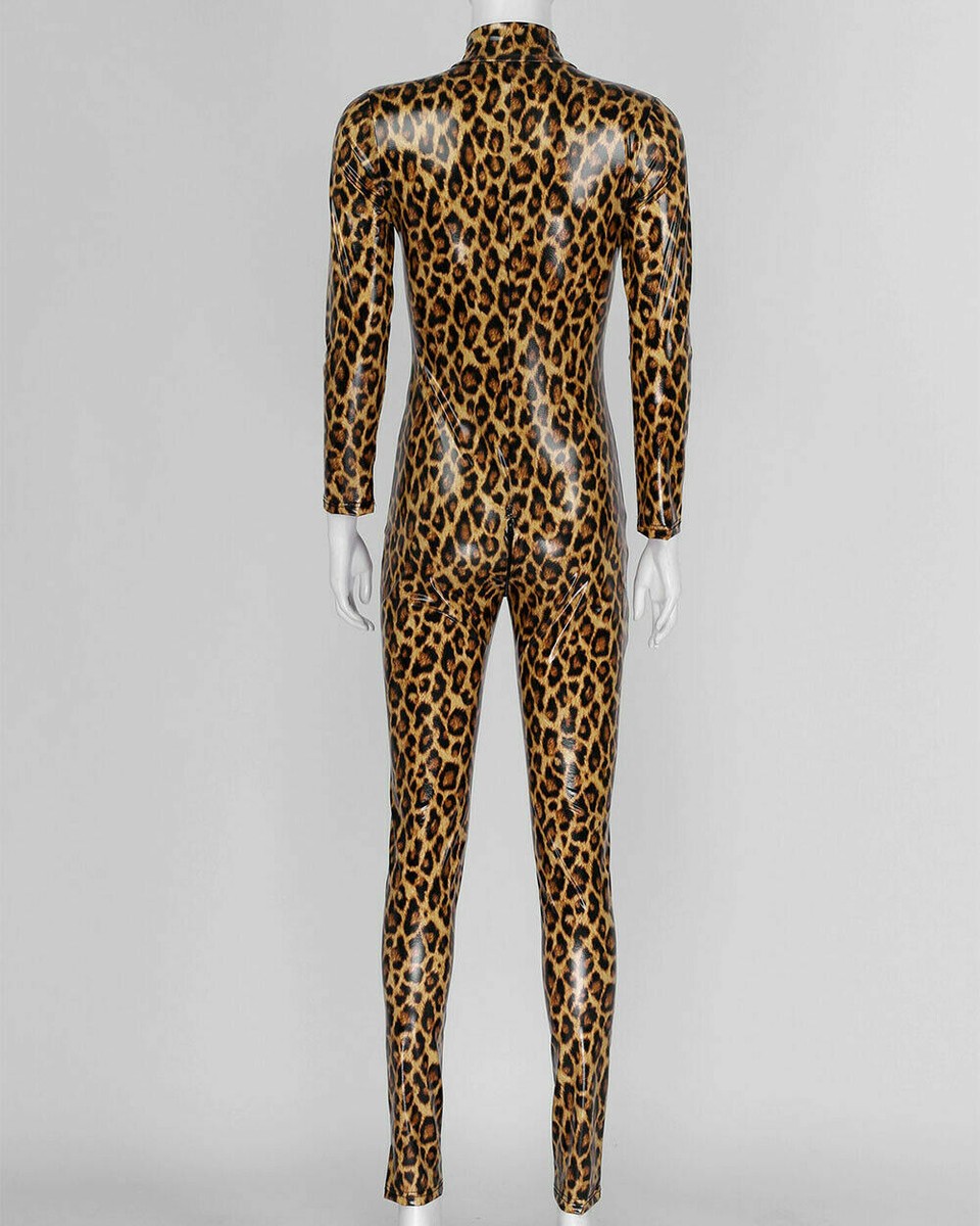 IEFIEL Combinaison Femme Léopard Catsuit En Cuir Verni Zippée - Body Sexy Manches Longues S-5XL