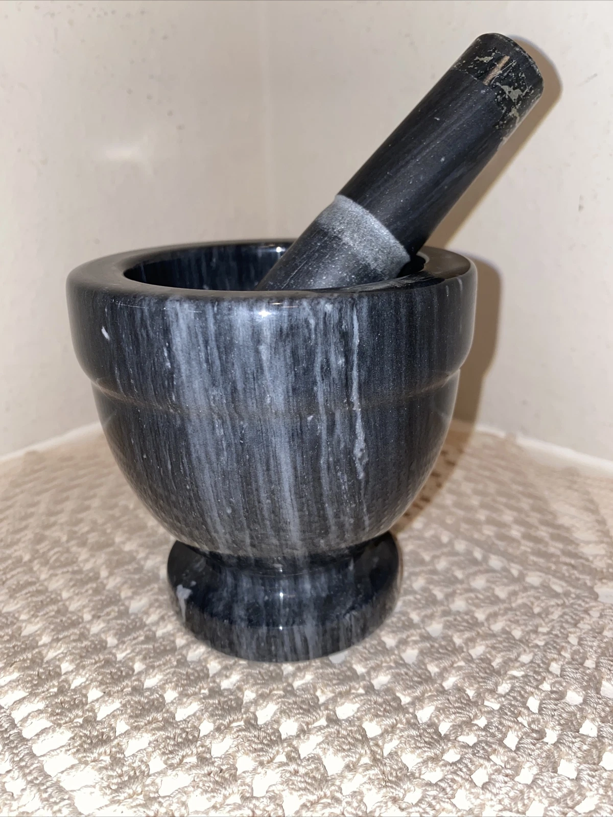 VTG Natural Marquina Marble Mortar And Pestle Set 4" Black Grey White Spain 1981
