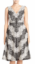 Adrianna Papell Blk/Ivory Chevron Lace Fit & Flare Dress, Slvls,V-Neck, EUC, 14W