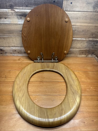 Vtg Solid Wood Toilet Seat W/ Brass Hardware & Extra Parts( READ)