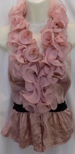 " bebe " PINK SILK RUFFLE HALTER TOP hook & eye front & black ribbon trim sz XS