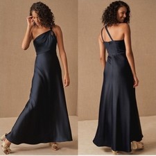 BHLDN Anthropologie Navy Blue Satin Asymmetrical One-Shoulder Maxi Gown Size 6