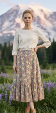 Vintage 1970s Prairie Equestrian Floral Cottagecore Corduroy Tiered Midi Skirt