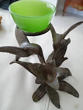 Vintage Antique Birds Feeder W Asian Jade Glass Dish