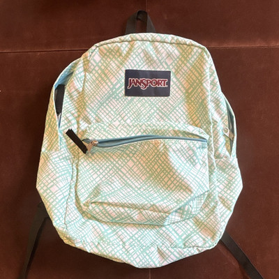 JanSport Superbreak Unisex Kids Backpack White/Green Geometric Zip 16.7in