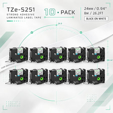 10PK Label Tape Compatible TZ S251 TZe-S251 Black On White For Brother P-Touch