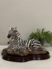 Vtg Laying Wild Zebra Foal Foliage Resin Sculpture Statue Figurine Wood Base