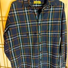 Vintage 90s LL Bean Blue Orange Plaid Button Down Men's Size LG Collared Shirt