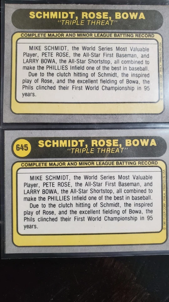 1981 FLEER SET-BREAK #NNOa ТРОЙНАЯ УГРОЗА РОЗА И ШМИДТ БОУА ОШИБКА И ИСПРАВЛЕНО - Изображение 2 из 2