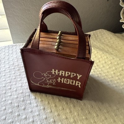 Vintage George Good Happy Hour Tote & 6 Cork Wood Coasters Funky Retro VGC