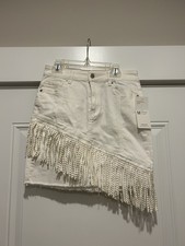 Western Fringe White denim Mini Skirt size Medium Boho Festival Country Concert
