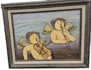 Original Oil Painting Cherub Musicians Signed & Framed
