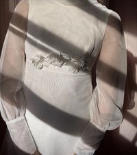 1960s Vintage White Organza Wedding Dress  Sheer Sleeves  Floral Waist Detail