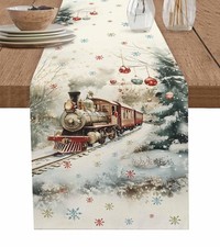 Table Runner 90 Inches Long Christmas Train 13" x 90", Light Beige Gray Green
