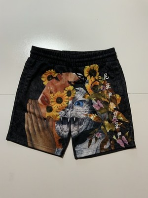 RipNDip Half Kitty Cat Half Flower Woman Floral 8  Inseam AOP Sweat Shorts Sz. M