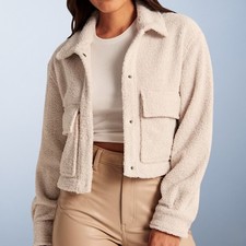 Abercrombie Fitch Cropped Sherpa Fleece Teddy Jacket Shacket Cream Medium