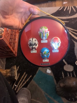 Vintage Chinese Miniature Painted Opera Masks in Lucite Display Make-Up Peking