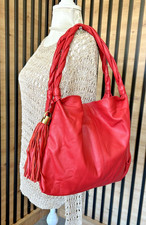 Womens Red Real Leather Slouchy pleated tassel hobo shoulder bag handbag Vintage