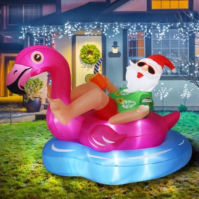 8 FT Hawaiian Santa on Flamingo Pool Float Christmas Inflatables Outdoor Deco...