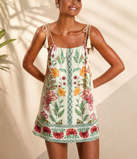 Womens Floral Print Sleeveless Beach Cover Up Tassel Strap Summer Mini Dress