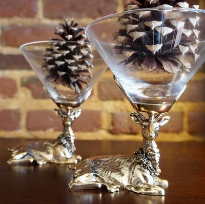 2 X Deer Antler Cocktail Martini Glass Brass Hunting Gold Stag Reindeer Party