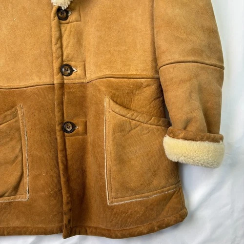 Vtg Ice Age Shearling Coat 70s Mens Medium Brown Suede Leather Rancher Jacket image 6