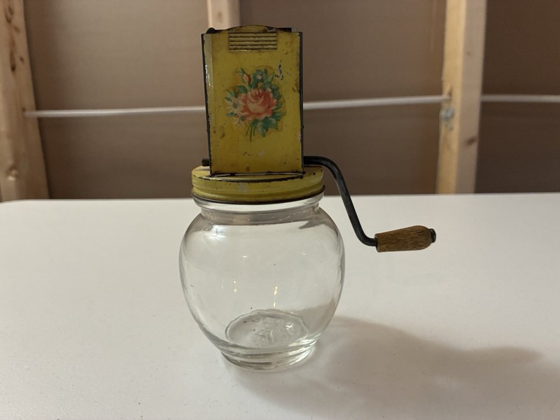 Vintage Manual Nut Chopper Hand Crank Glass Jar Yellow Metal Lid Wood Handle