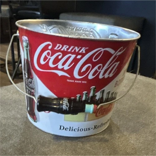 Coca-Cola Metal Tin Bucket Vintage Advertising Red White Soda Theme