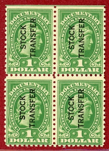 US 1928, #RD30 $1 Green, Perf 10, Stock Transfer, Block of 4, MNH, SCV $300.00