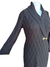 Calvin Klein Sweater Dress L Black Diamond Knit Shawl Collar Cozy Knee Length