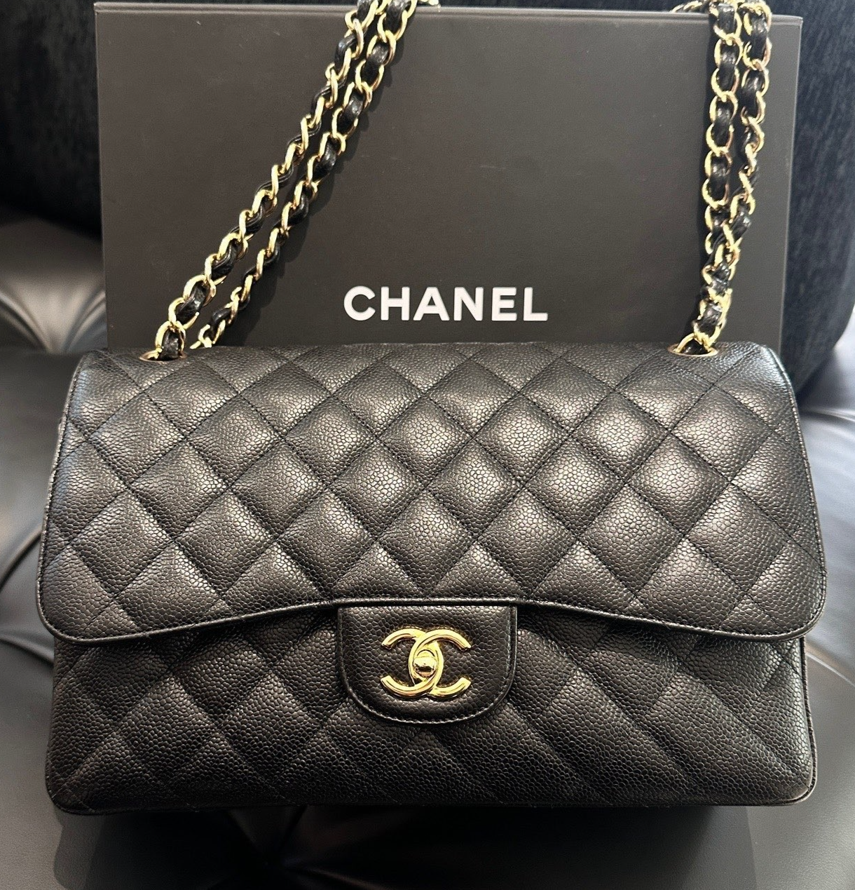Chanel Classic Flap Jumbo GM Chain Shoulder Bag Black Gold Women Fashion