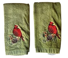 Christmas Hand Towels Green Red Cardinal Embroidery 17" x 11" Cotton Set Of 2