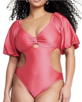 4X Fe Noel Target Fuschia Pink Metallic Flutter Sleeve Plus Swimsuit NWT