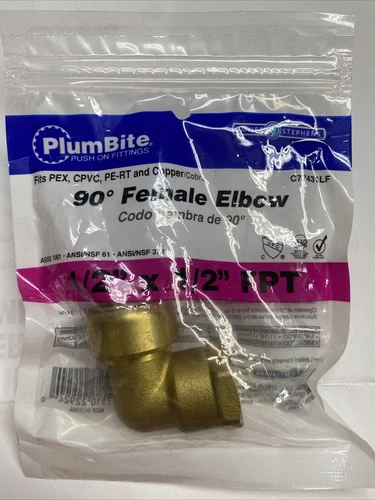 Jones Stephens C77431LF 1/2" FPT PlumBite Push On 90 Degrees - Brass - Picture 1 of 3