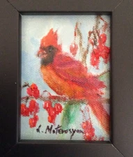 original framed bird oil painting 4x3” impressionism signed Gift Idea