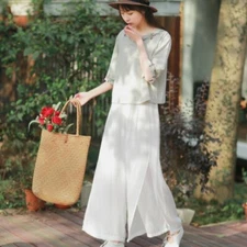Women Linen Loose Pants Wide Leg Palazzo Trousers Double Layer Chinese White