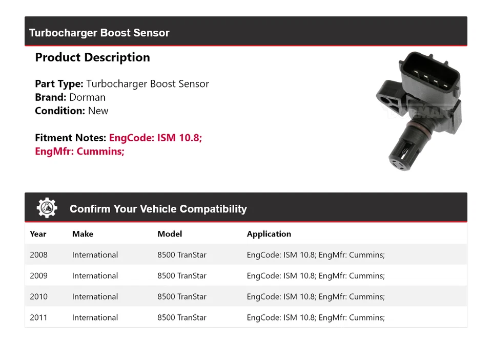 For 2008-2011 International 8500 TranStar Dorman Turbocharger Boost Sensor 2009 - Image 2 of 4